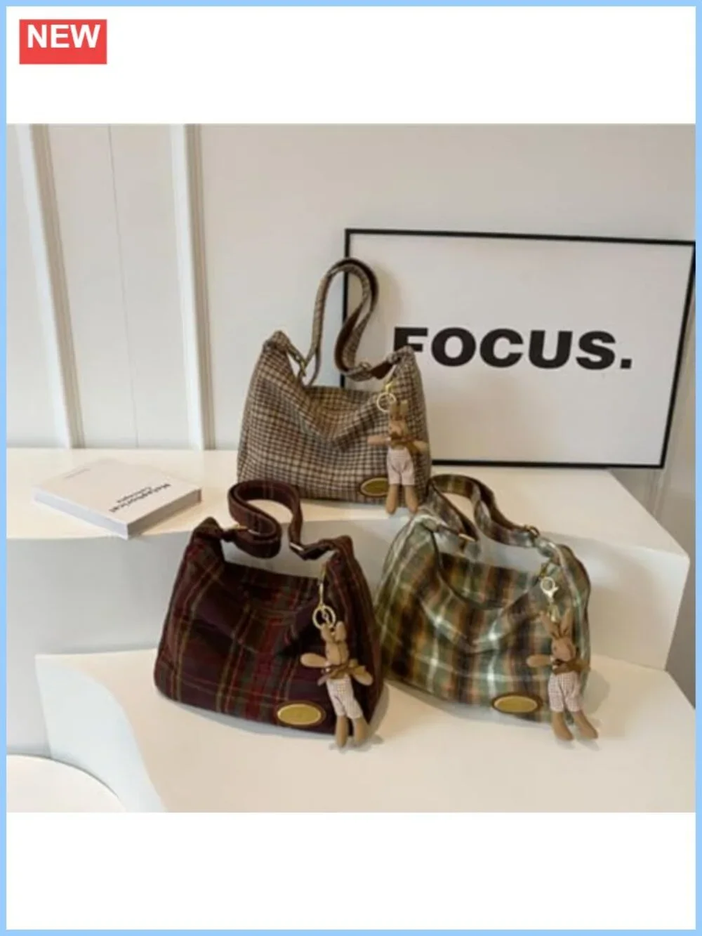 Plaid Wool Blend Hobo Shoulder Bag with Rabbit Charm